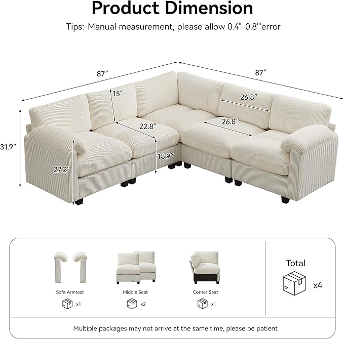 87'' V-Shaped Sectional Sofa Couch, 5-Seater Modular Couches