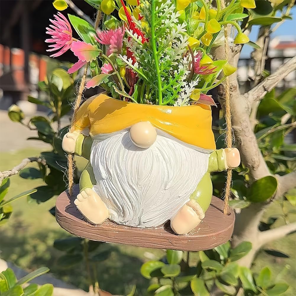 Tyenaza Swing Planter Pot, Hanging Planter Faceless Gnome Flowerpot Resin Hanging Planter for Use Weather Resistant Garden Decor Dwarf Figurine (Yellow Green)