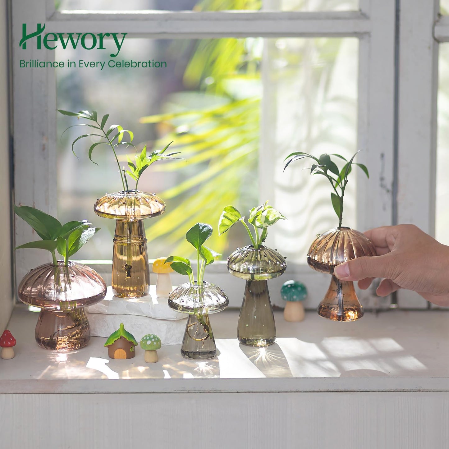 Hewory Glass Mushroom Propagation Stations: Set of 5 Unique Propagation Jars Glass Planter for Indoor Plants Home Decor - Amber Mushroom Vase Christmas Birthday Gifts for Plant Lovers Women Girls
