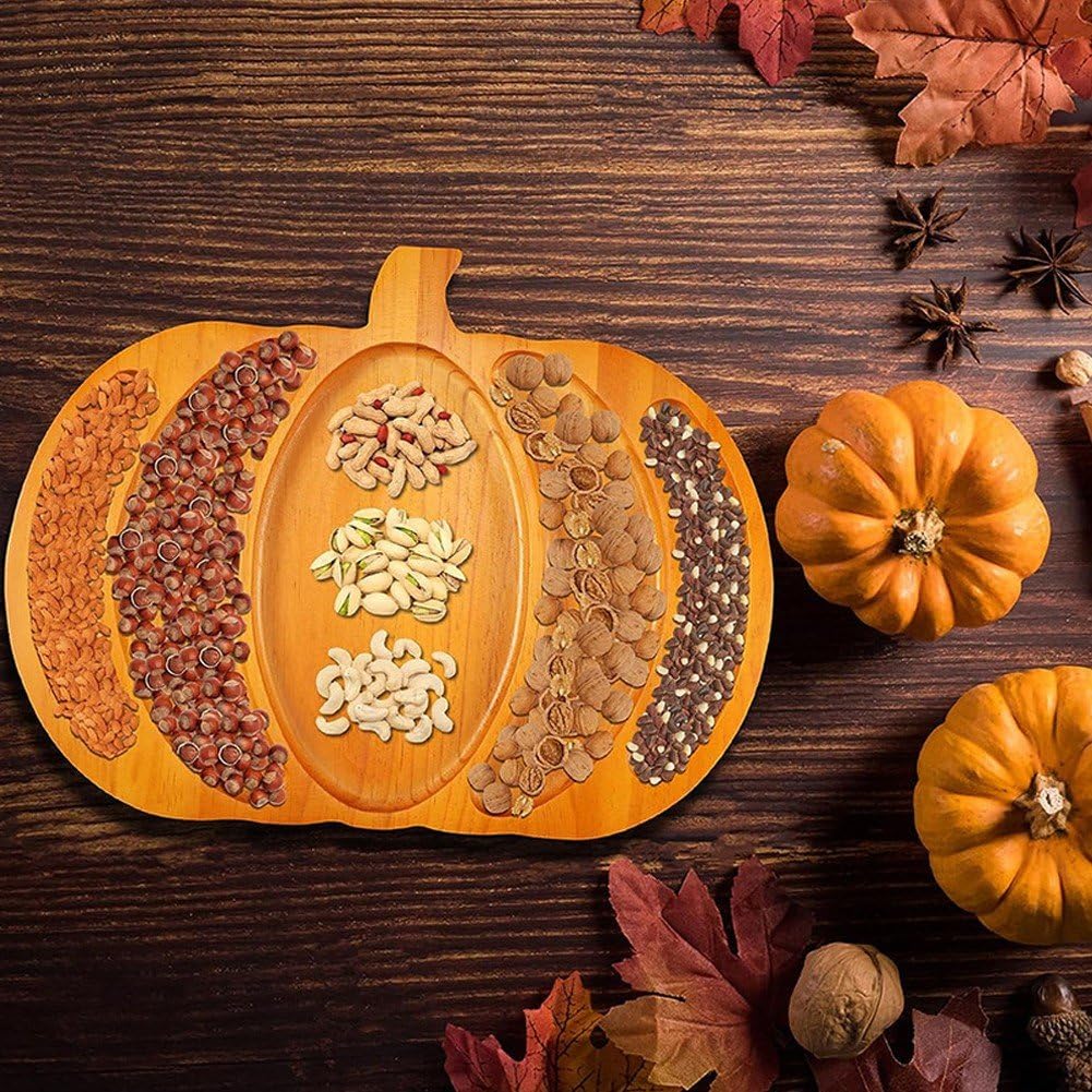 Vbsqic Halloween Pumpkin Tray Wooden Pumpkin Platter Party Cheese Platter Serving Tray Plate,Dried Fruit Dessert Tray for Home Halloween