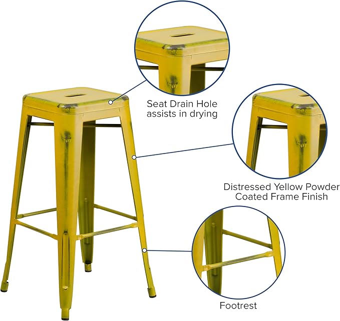Flash Furniture Kai Commercial Grade 30" High Backless Distressed Yellow Metal