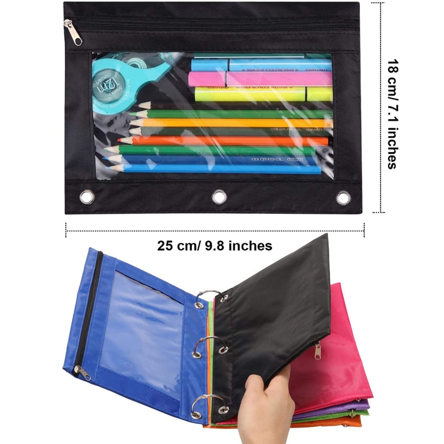 TOPWOOZU Pencil Pouch 3 Ring, Zipper Pencil Pouches Case Binder Cosmetic Bag Hot Pink 2 Pack