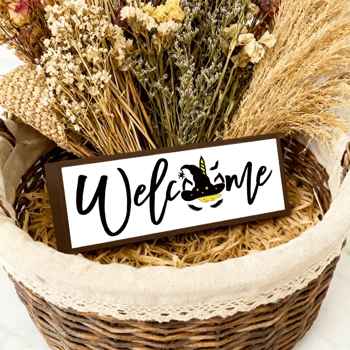 Welcome Wood Home Decor Signs, Welcome Witches Hat Wood Plaque, Home Tabletop Desk Decorative Sign, Halloween Sign, Hanging Decorative Wooden Plaque 9.5x3.1 Inches(A27)