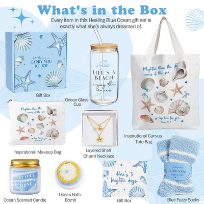 Gifts for Women, 8pcs Ocean Happy Birthday Gifts for Women, Christmas Ideas Inspirational Get Well Soon Gift Baskets Mothers Day Box w/Seashell Tote Bag for Her Mom Sister Friend Friendship