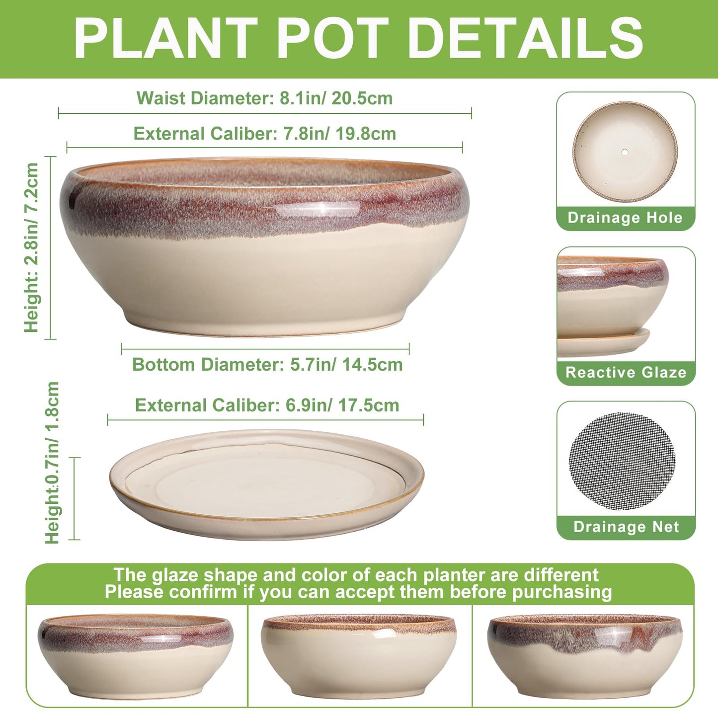 SQOWL Succulent Pots 8 Inch - Ceramic Bonsai Pots for Indoor Plants, Round Shallow Plant Pot with Drainage Hole and Saucer, Bowl Planter Outdoor, Patio Decor, Plant Lover Gifts, Beige