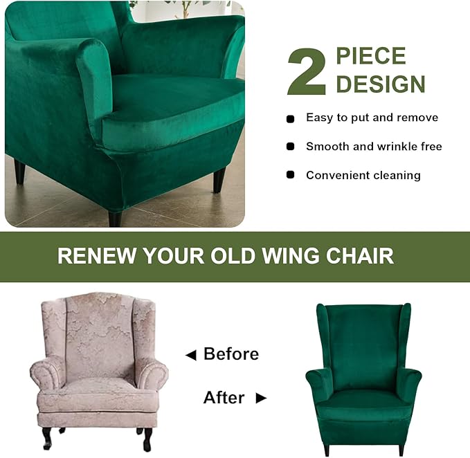 HAOYONG Velvet Wingback Armchair Covers 2-Piece Elastic Stretch Wingback Chair