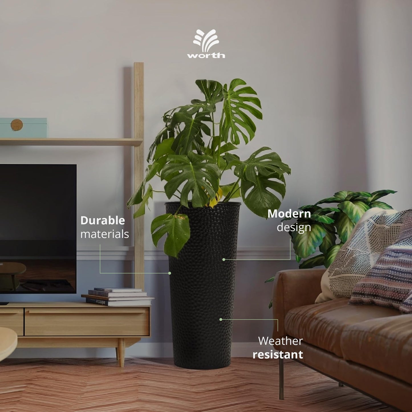 Worth 2 Pack 28" Tall Narrow Metal Planter with Inside Pot for Indoors or Outdoors, Deck, Patio or Front Porch, Hand-Hammered Texture, Black