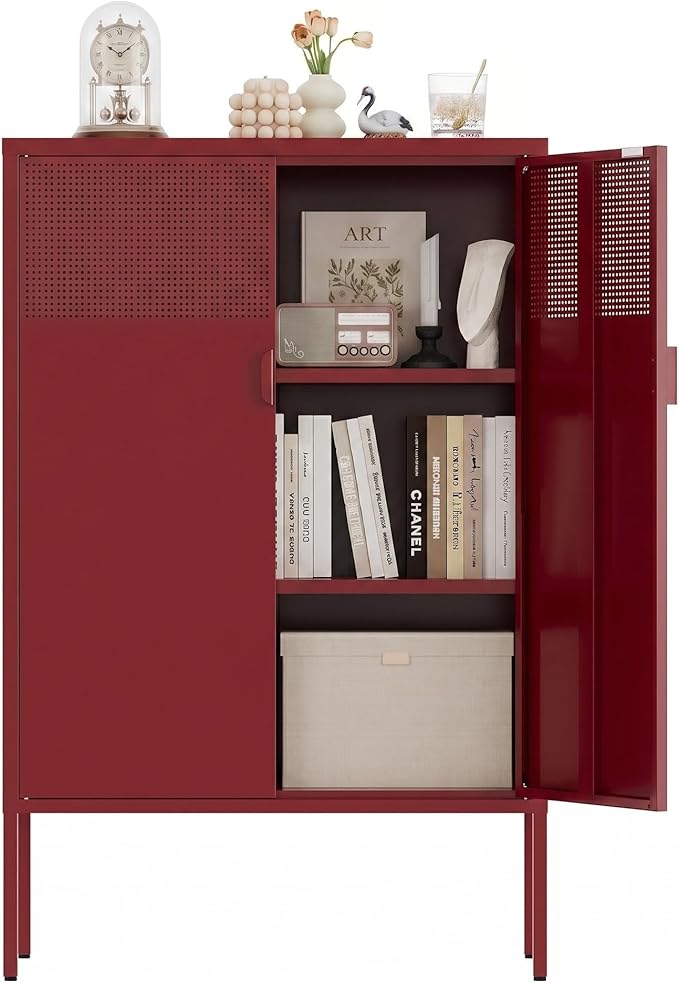 Metal Storage Cabinet, 2 Door TV Stand, Metal Mesh Accent Cabinet, Magnetic