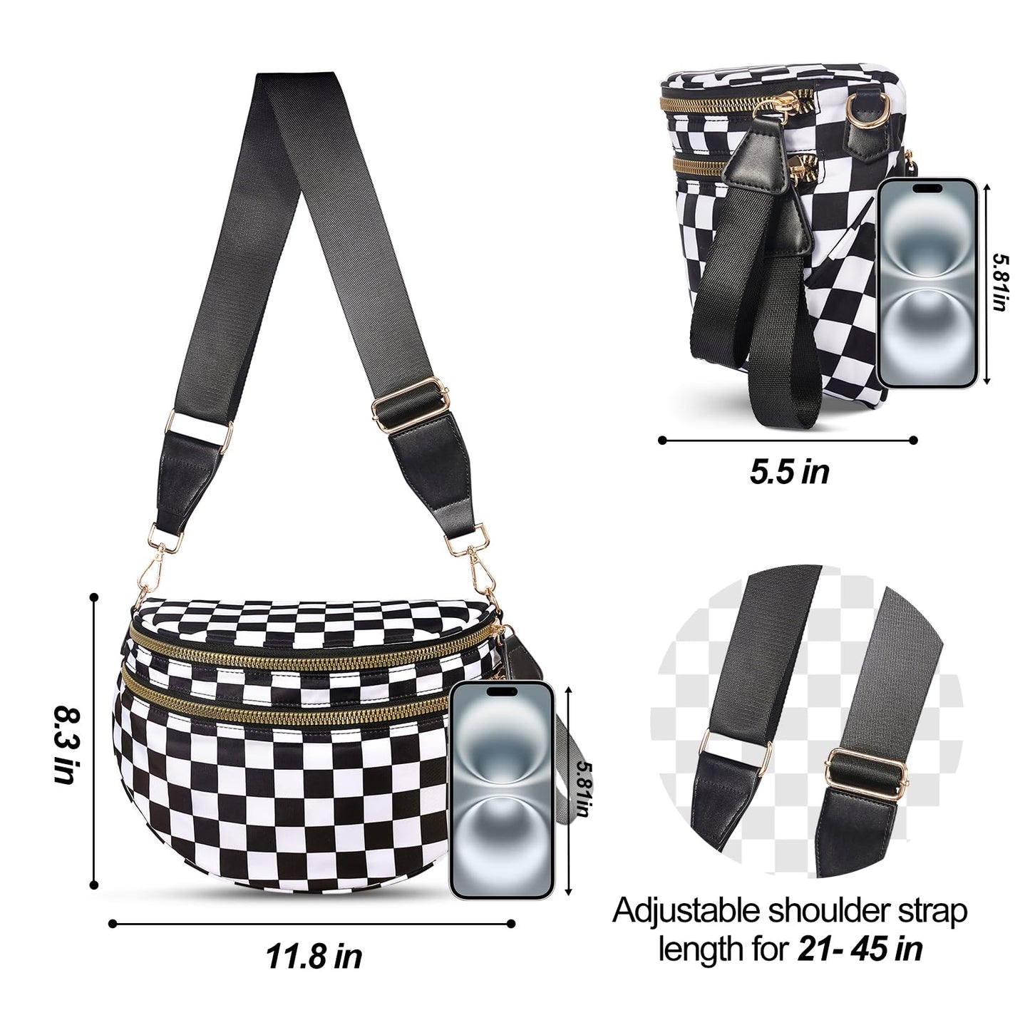 Checkered Crossbody Bag,Nylon Bum Bags for Women Crossbody,Spacious Sling Bag Purse Fanny Packs with Shoulder Strap