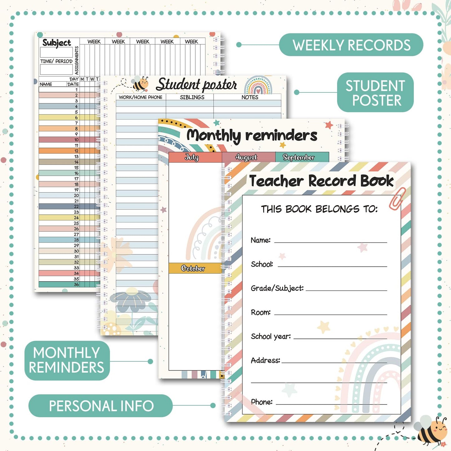 Fuyoooo Teacher Record Book 2026-2027 Spiral Bound Pencil Grade Book for Teachers Lesson Planner Attendance Books for School Classroom 8x11 Double Sided Boho Design Teacher Appreciation Gift