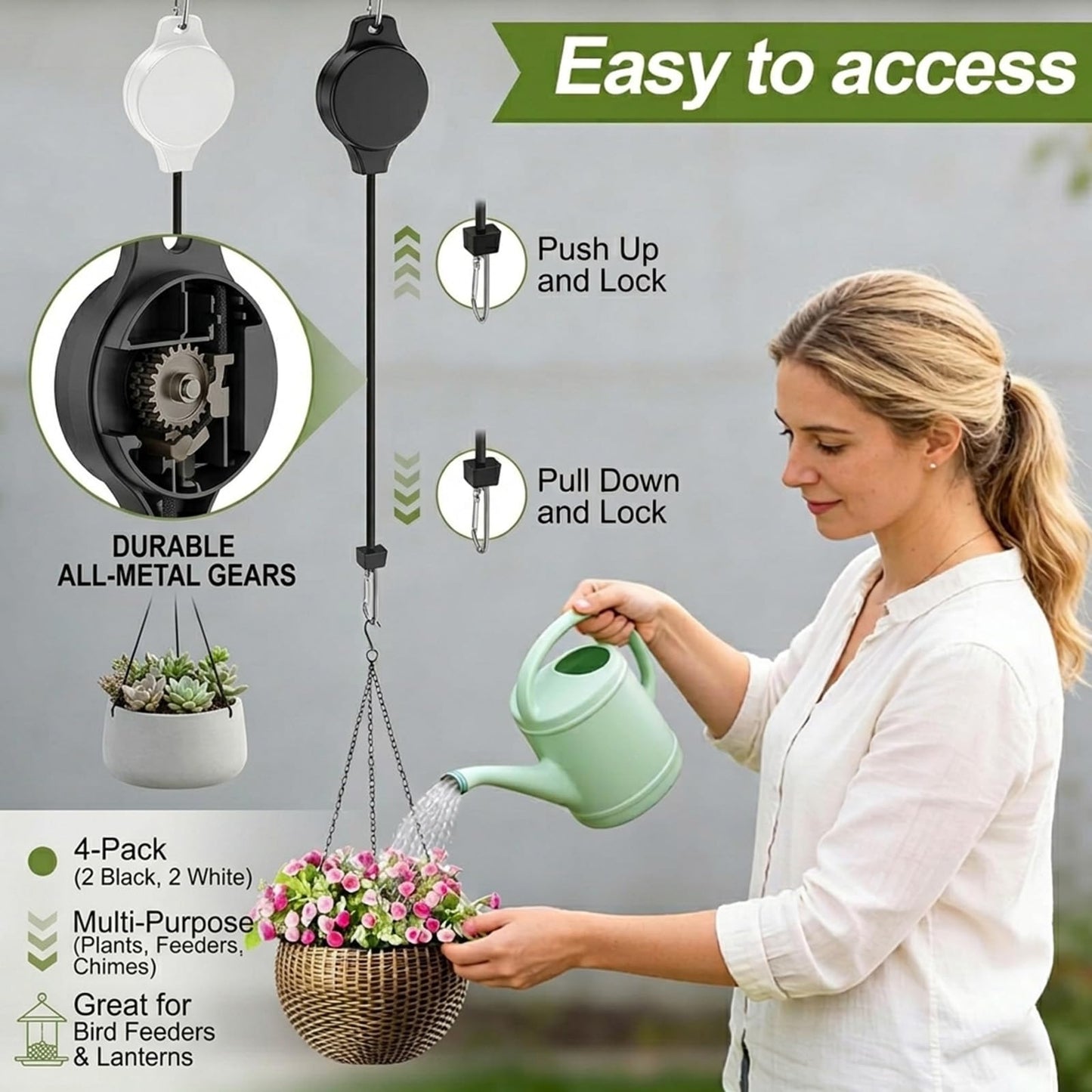 Muomdid 4-Pack Retractable Plant Hanger, Adjustable Height Plant Pulley Hook for Indoor Outdoor Hanging Baskets, Flower Pots, Bird Feeders, Black & White