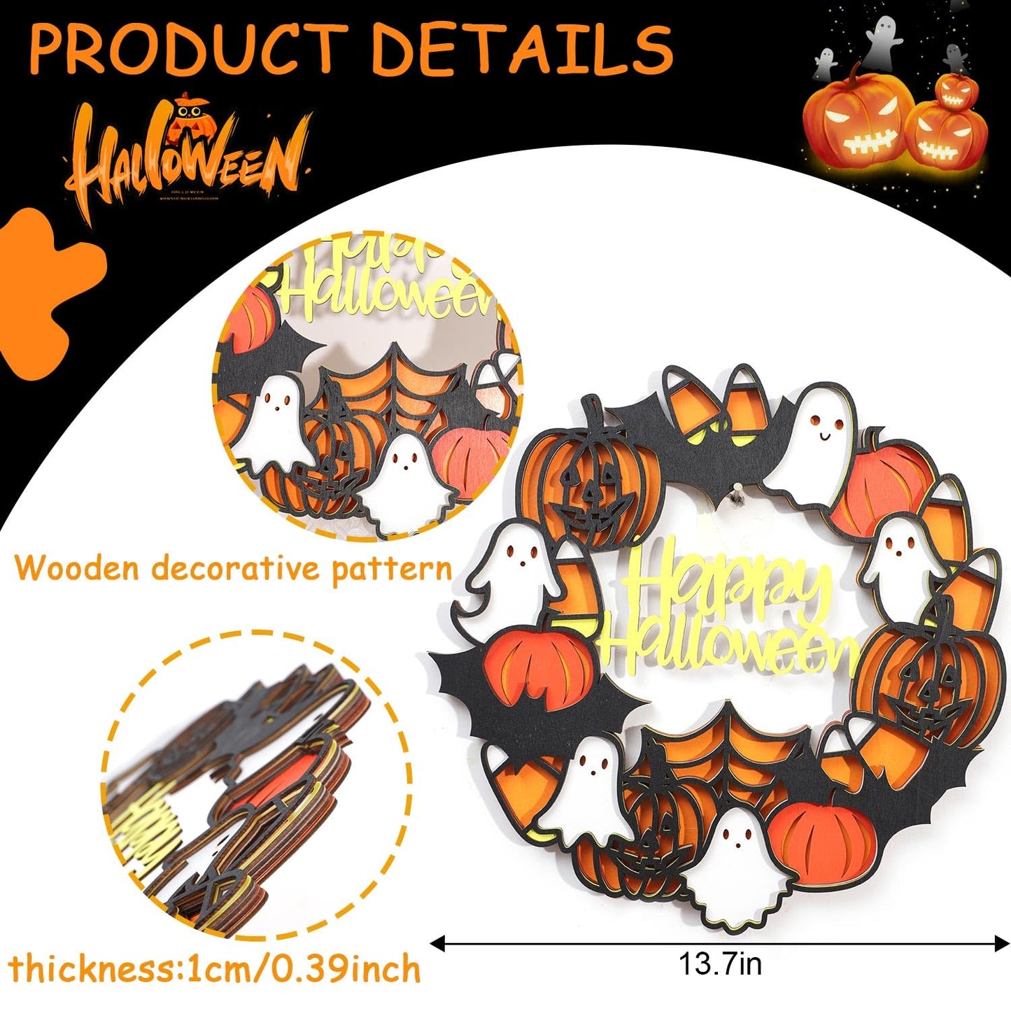 Happy Halloween Wooden Hanging Sign - Halloween Party Decorations, Halloween Ghost Sign, Bat Ghost Pumpkin Wreath, Halloween Garland, Wooden Wreath Wall Hanging Decor(HALLOWEEN SIGN)