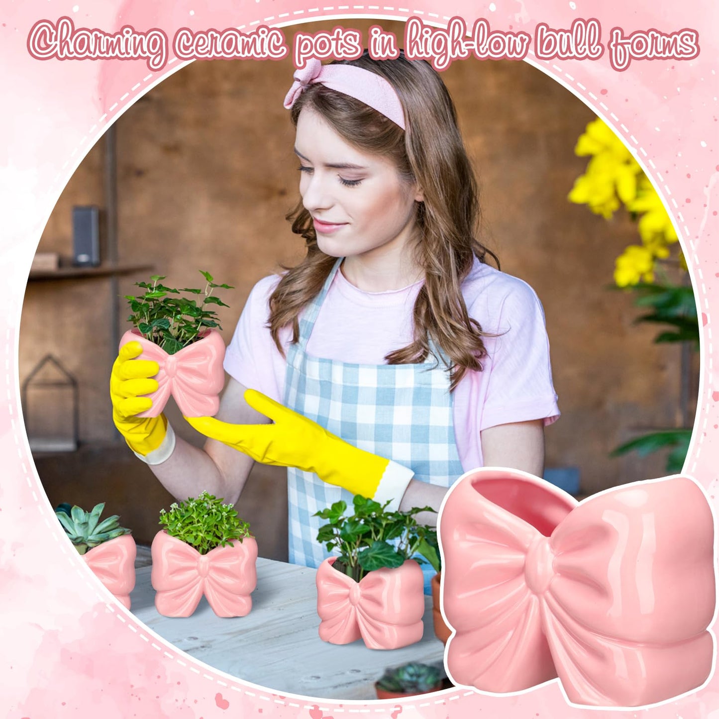 2 Pcs Coquette Bow Succulent Pots with Drainage Pink Bowtie Ceramic Planter Pots Plants Holder Bowtie Shaped Cactus Flower Container for Home and Office Desk Display Coquette Party Decoration