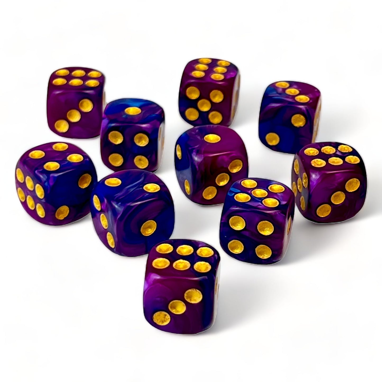 Luck Lab 10 Piece D6 Dice Pack - Acrylic Dice for RPG MTG DND Dice Table Games and Board Games (Blue and Purple Swirl with Gold Pips)