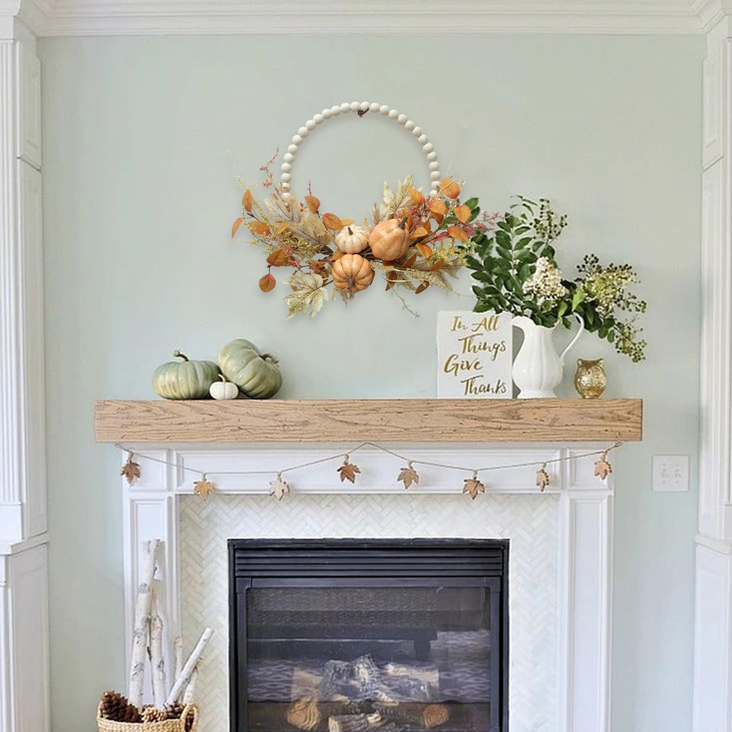 Autumn Wood Bead Pumpkin Fall Wreath for Front Door, 16" Pumpkin and Berries Wreath for Farmhouse Wall Thanksgiving, Fall Season Decor