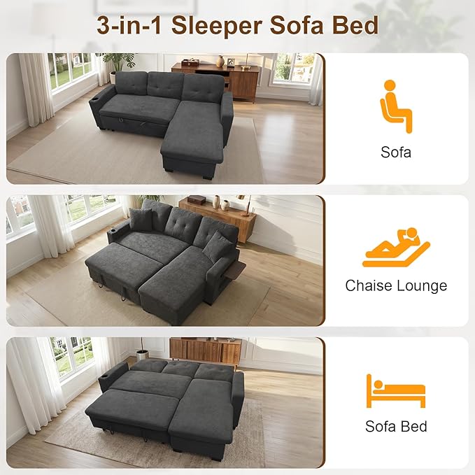 KCGKCG 82" L Shaped Sleeper Sofa Bed, Pull Out Couch Bed