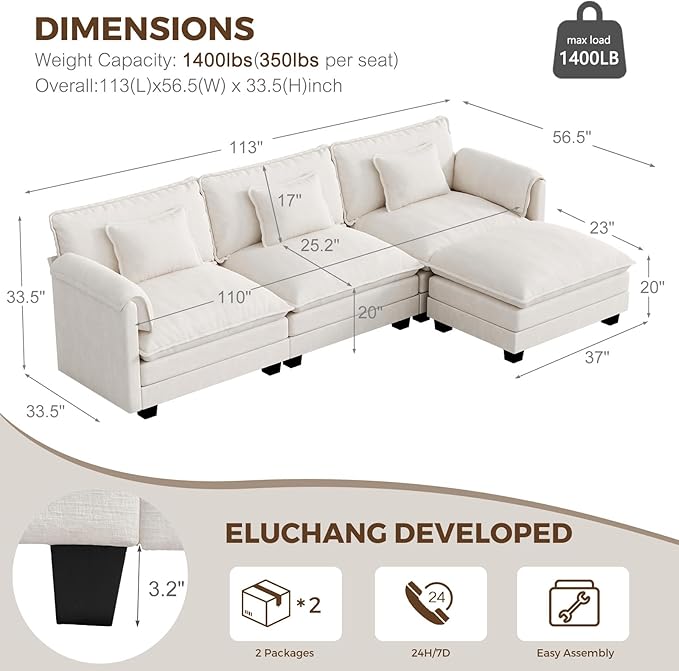 ELUCHANG 113'' Modular Sectional Cloud Couch, Modern Comfy Chenille L Shaped
