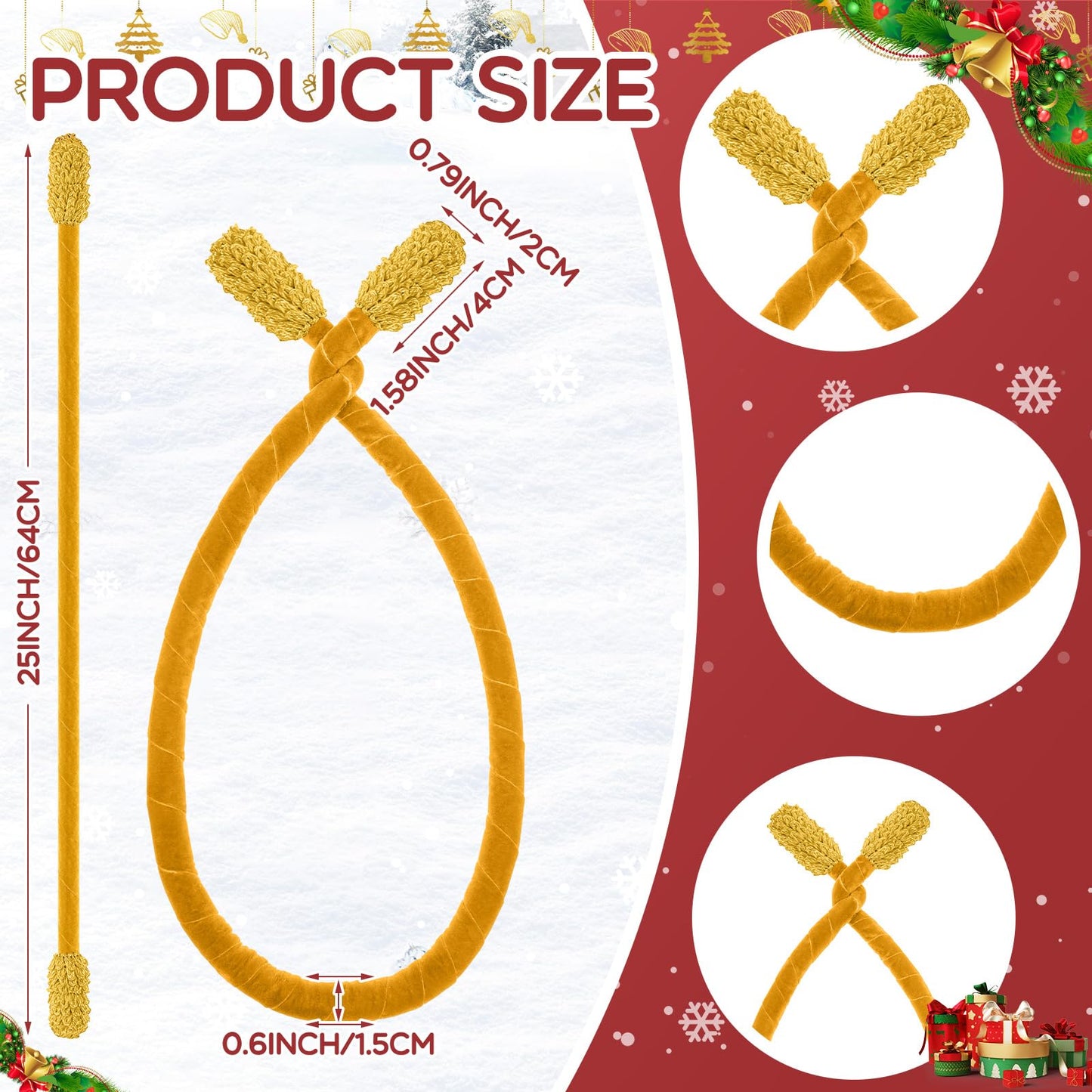 Zhengmy 16 Pcs 25 Inches Christmas Velvet Garland Ties Christmas Decorative Twist Ties for Banister Reusable and Flexible Twist for Xmas Home Decorations Holiday Craft Wrapping(Gold)