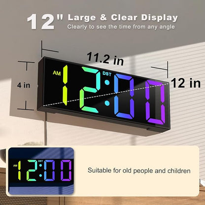 JALL Digital Wall Clock Large Display with Big LED Numbers, Remote Control, 8 RGB Colors, Auto DST, Night Light for Classroom Living Room Bedroom Birthday Gift for Senior, Men Women (Black)