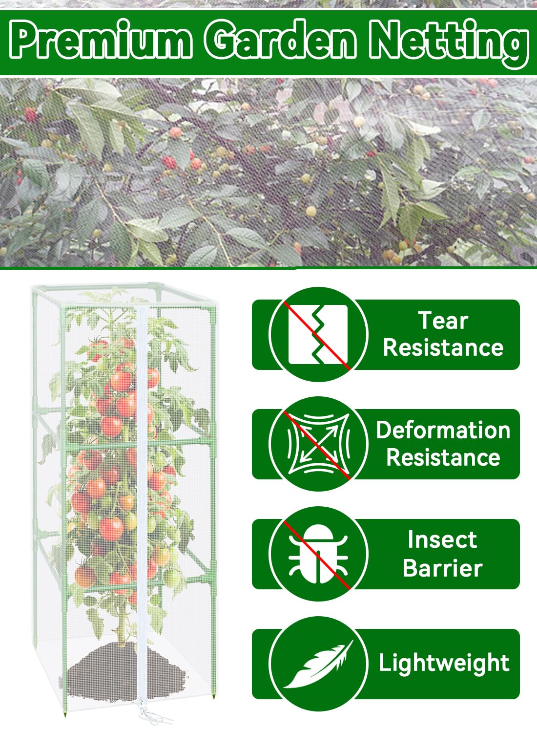 ZeeDix 57" x 16.1" Garden Bird Netting for Square Tomato Cage, 2 Pack Garden Mesh Barrier, Plant Covers Protect Tomatoes, Vegetables, Blueberry Bush from Birds & Pests