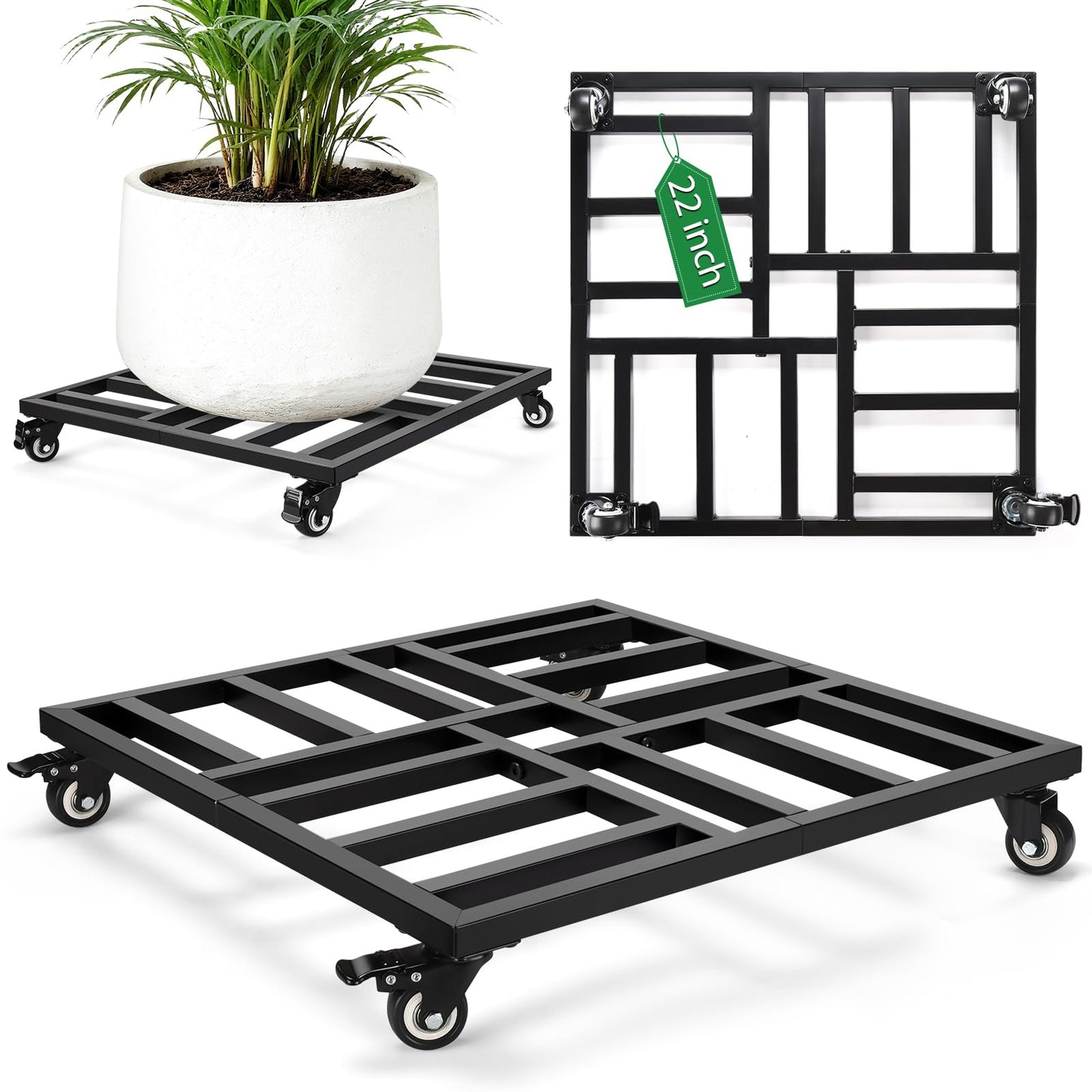 AugFir 22" Plant Caddy with Wheels Heavy Duty, 600lbs Rolling Metal Plant Stand, Square Plant Dolly with Lockable Caster Wheels for Large Planter Pots, Heavy Objects, Ideal for Indoor and Outdoor Use