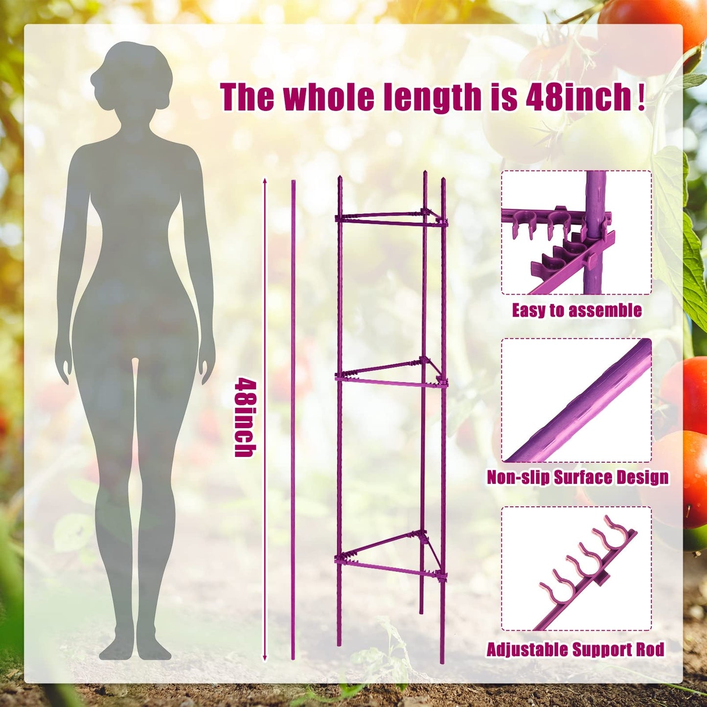 10 Packs Tomato Cages for Garden Support Up to 48" Tomato Plant Stakes Support with Adjustable Snap Arms Clips Plastic Coated Alloy for Outdoor Beans Potted Climbing Plant Supplies(Purple)
