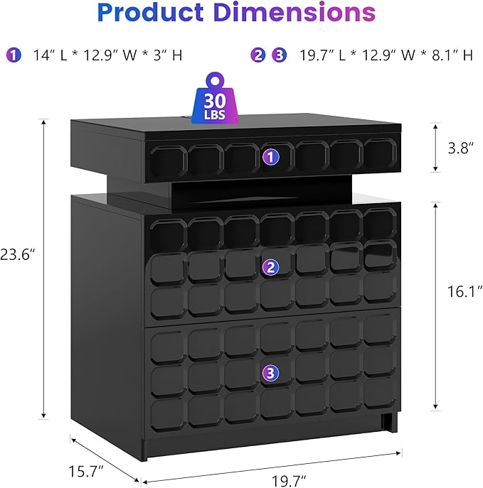 Night Stand with Charging Station and Smart RGB Lights, LED Nightstand with