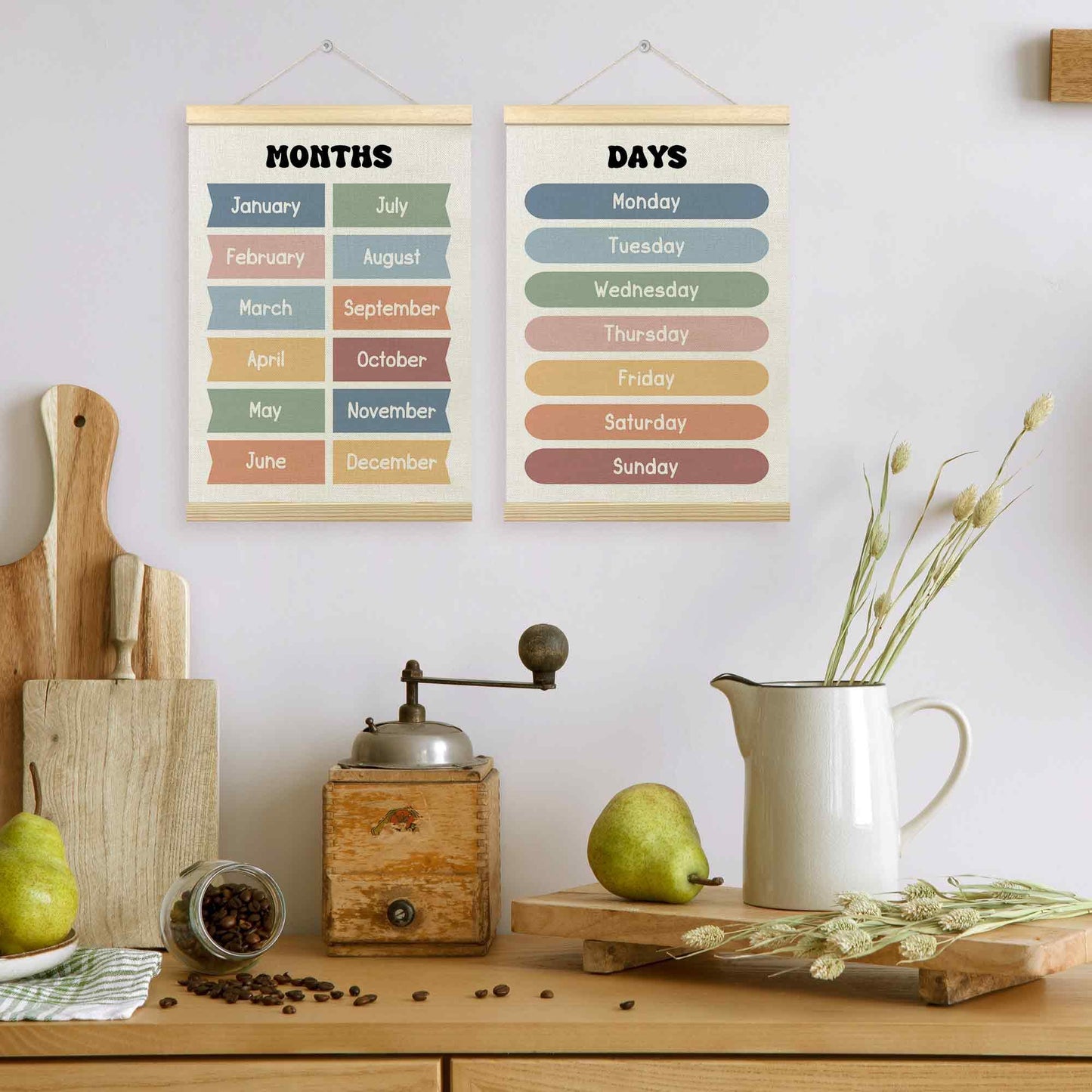 TLESKE Months of the Year Days of the Week Chart Poster Hanger Frame for Toddler Kid Classroom Set of 2, Homeschool Hanging Wall Art for Nursery Playroom, Preschool Learning Educational Poster, 12x16