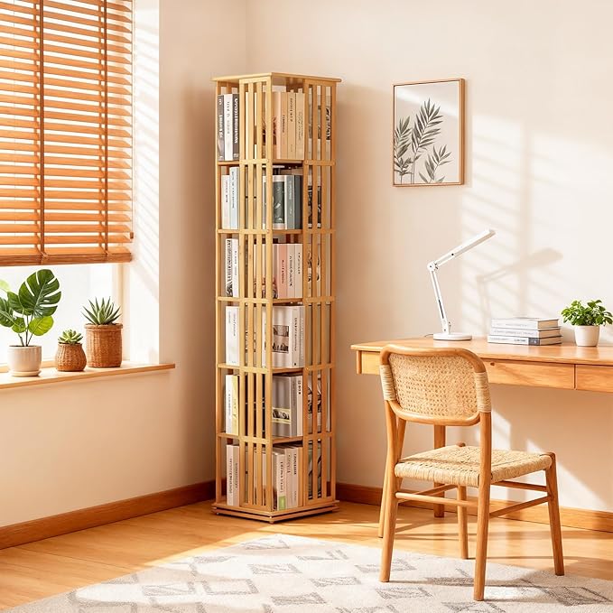 Athena Collection Rotating Bamboo Bookshelf, 6-Tier Floorstanding Corner