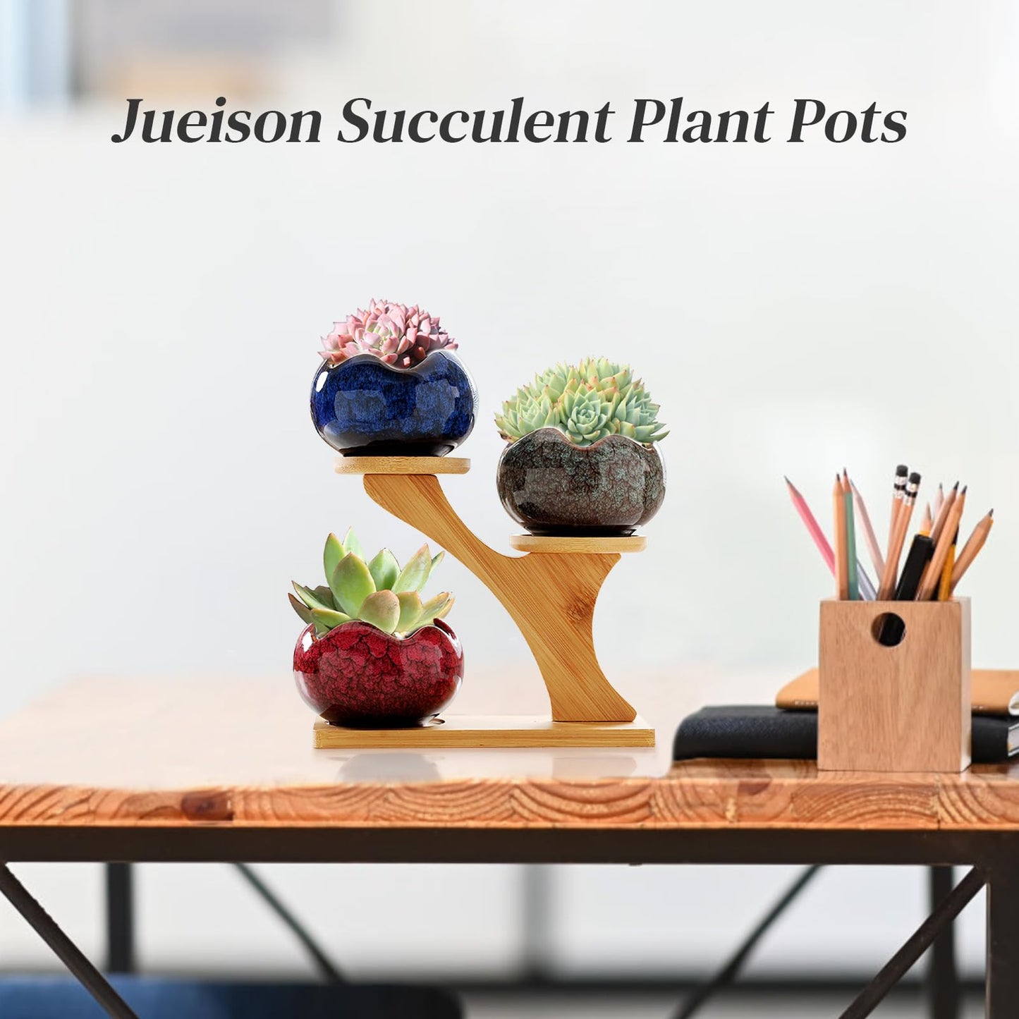 Jueison Succulent Pots with 3 Tier Bamboo Saucers Stand Holder Modern Decorative Ceramic Flower Pots with Drainage Mini Cactus Plant Pot Planters for Indoor Home Office Desk Garden Decor (#005)