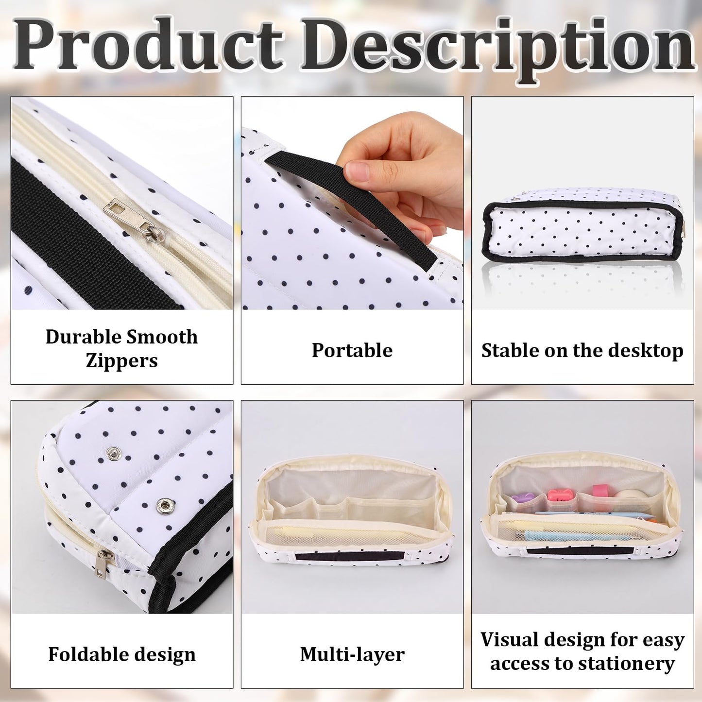 Gueevin Large Capacity Pencil Case Polka Dot Pen Pouch with Multiple Compartments Foldable Portable Pencil Case Black White Stationery Organizer Bag for Adults(White)