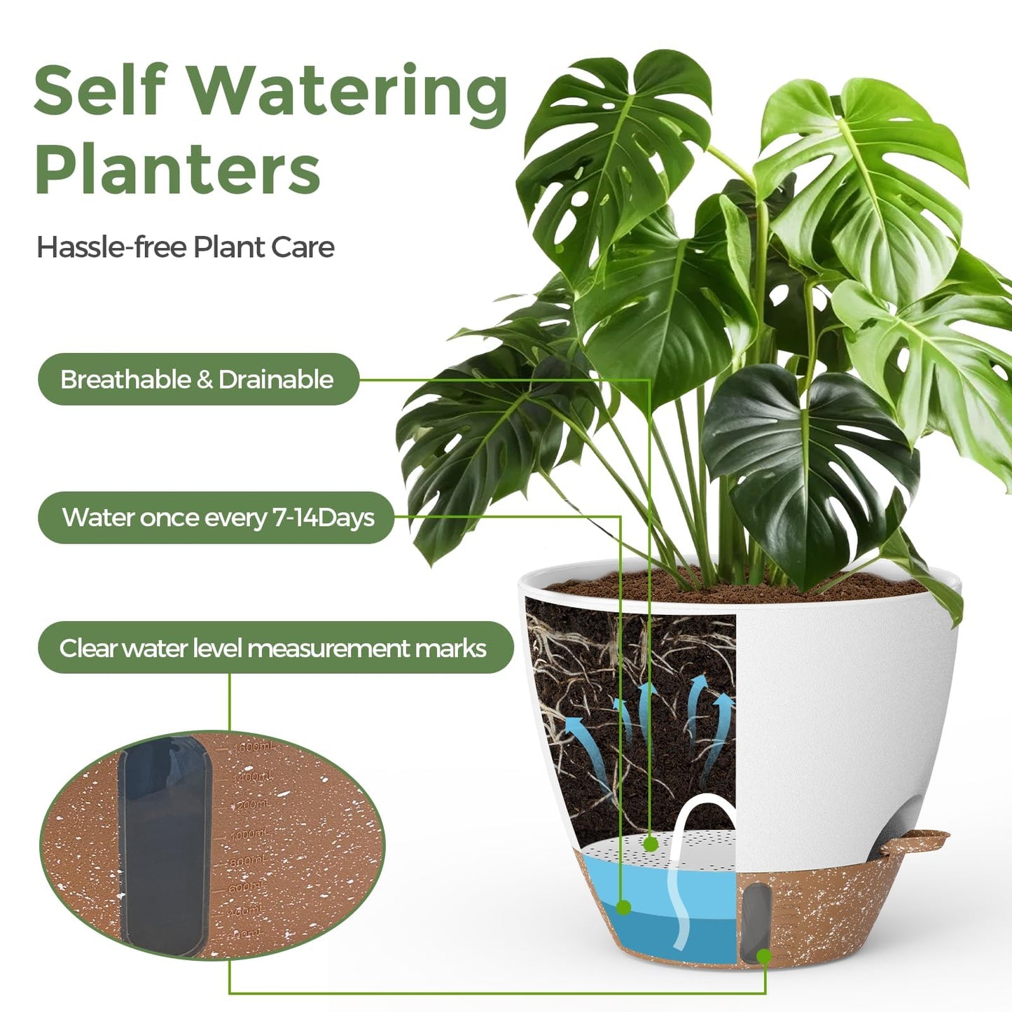 LifeNest Plant Pots, 12" 10" 6" 8" Inch Self Watering Pots with Water Level Indicator, Set of 5 Flower Pots Indoor with Drainage Holes, Modern Planters for Indoor Outdoor Plants, Room & Office Décor