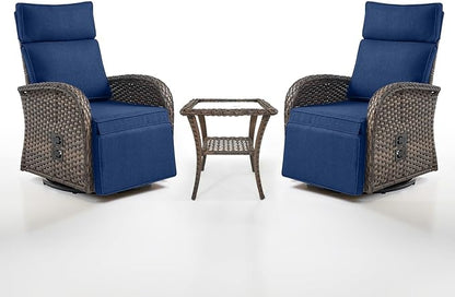 Belord Dual-Adjust Swivel Outdoor Recliner Chair Set of 3 - Reclining Patio Chair with Adjustable Backrest and Footrest, All-Weather Wicker Chaise Lounge Outdoor with Side Table for Pool Deck Brown