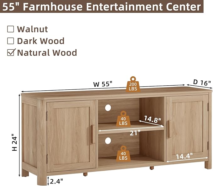 Joaxswe Farmhouse 55" Entertainment Center, Natural Oak Tv Stand