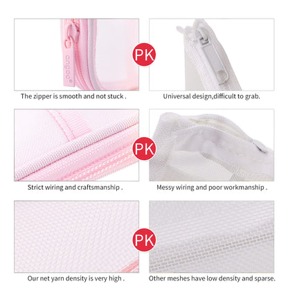 EASTHILL Grid Mesh Pen Pencil Case with Zipper Clear Makeup Color Pouch Cosmetics Bag Multi-Purpose Travel School Teen Girls and Boys Transparent Stationary Bag Office Organizer Box for Adluts(Pink)
