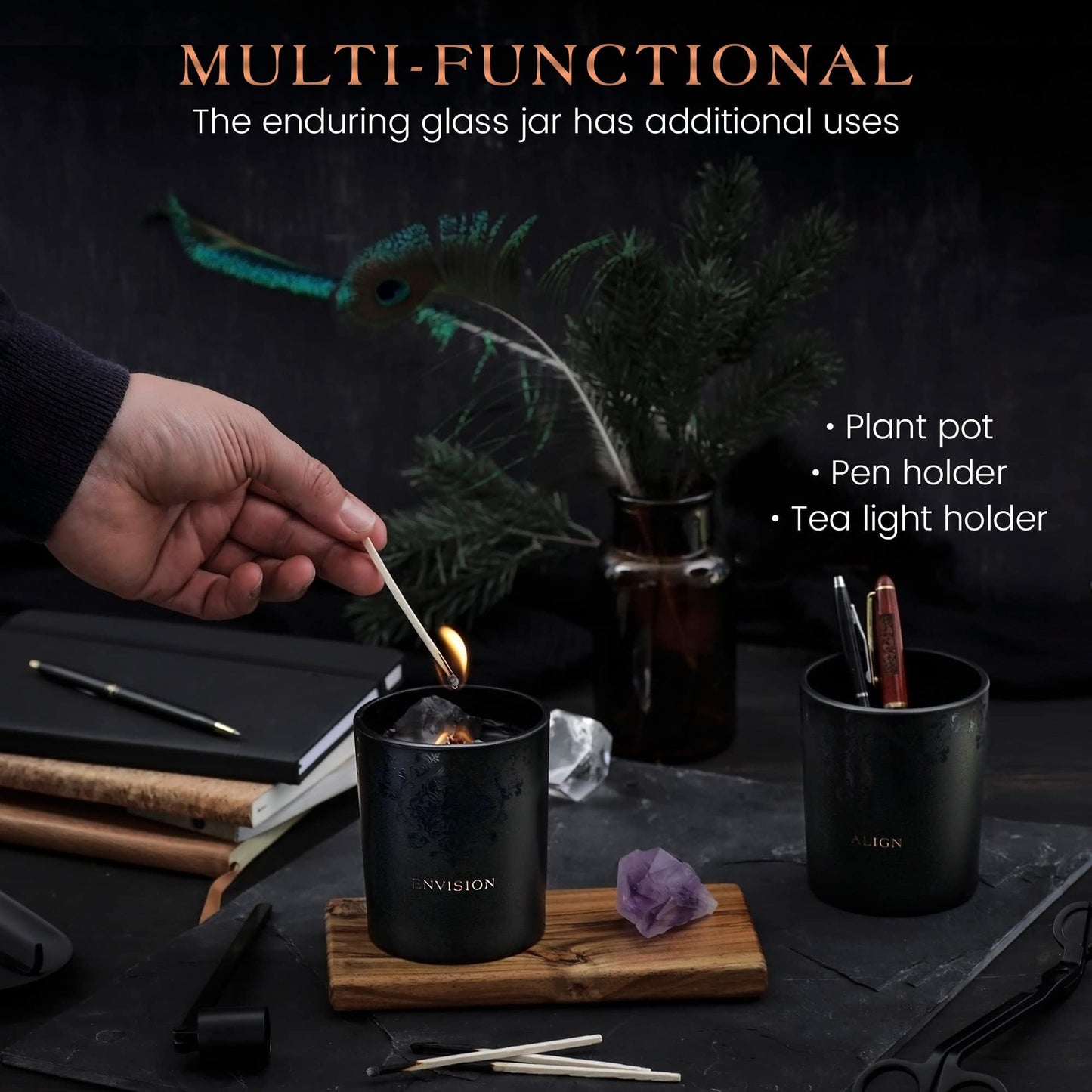 Black Orchid & Pine Moss Scented Crystal Candle - Luxury Manifestation Candle with Smoky Quartz and Clear Quartz Crystals - 7.4oz Natural Soy, Coconut & Beeswax, Wood Wick