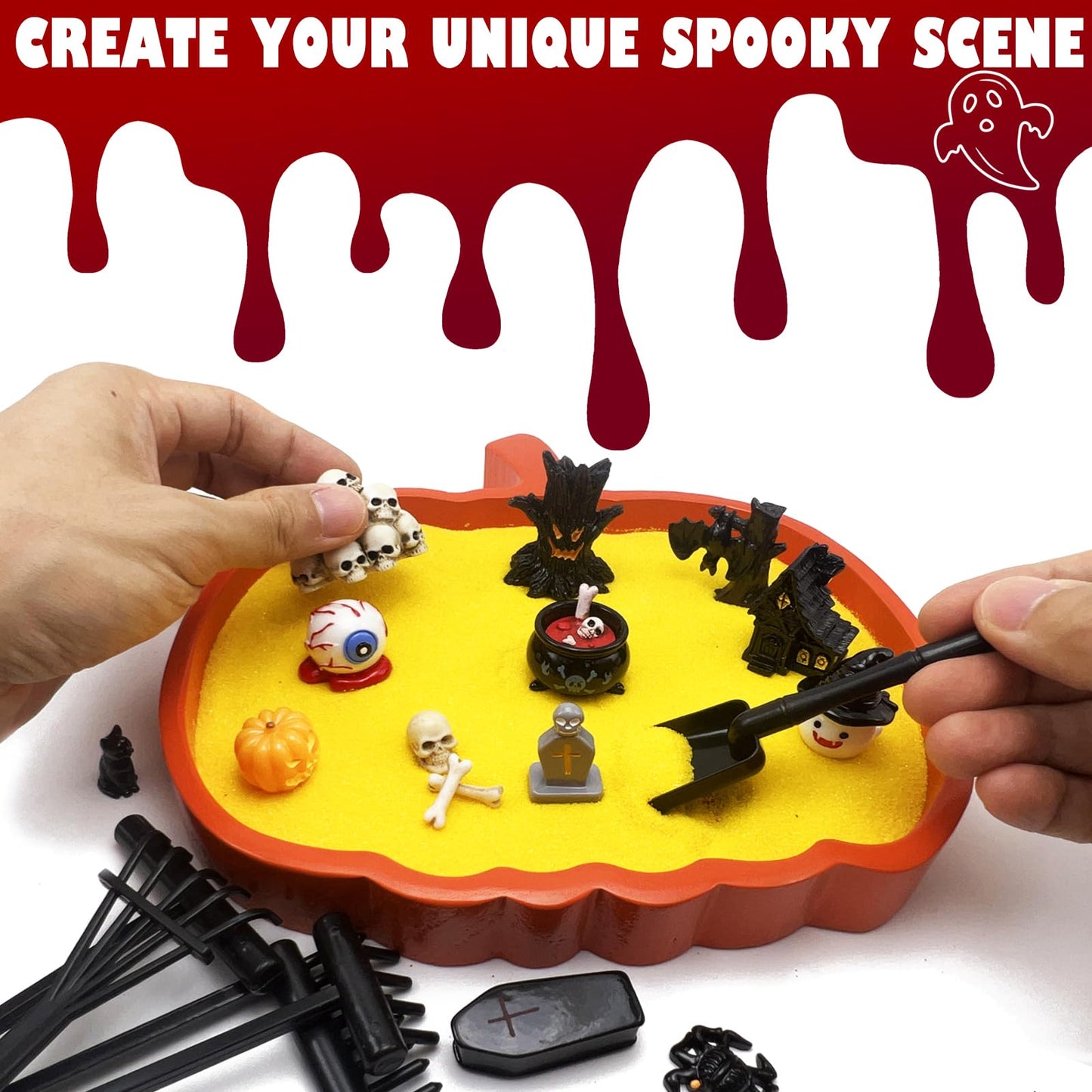 Pumpkin Zen Garden Halloween Table Decorations Desk Spooky Coffin Décor Decorative Tray Goth Office Gothic Desktop