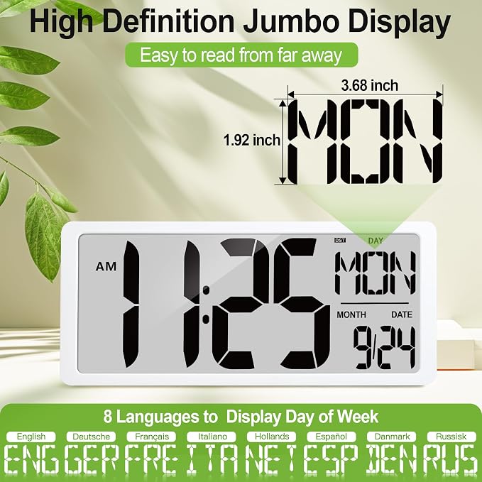 18.5" Extra Large Digital Wall Clock Battery Operated Wall Clock with Time/Calendar/Temperature Jumbo LCD Display Count Up Down Timer Alarm Clocks for Home Office Bedroom (Batteries Included)