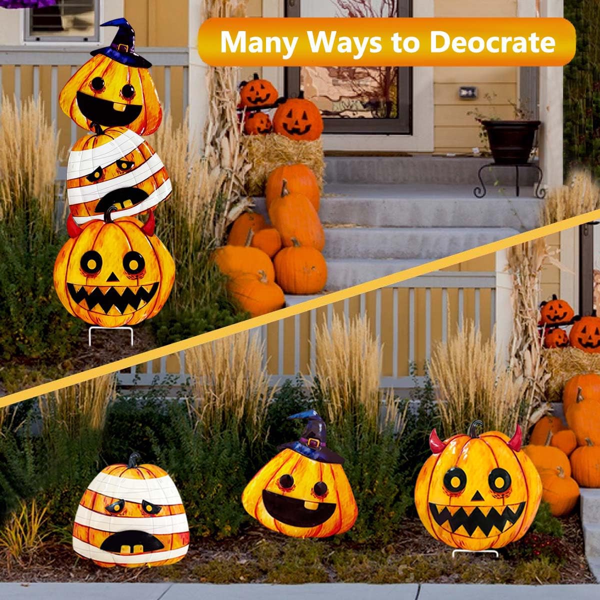 3 Packs Halloween Garden Stakes, Stacked Metal Pumpkins Jack-o-Lantern LawnDecor, Halloween Decorative 3D Pumpkin Yard Signs Stake for Outdoor Front Garden Pathway Decorations