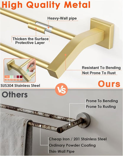 Alise Bath Double Towel Bars Towel Racks for Bathroom,Wall Mount Towel Holder Heavy Duty SUS304 Stainless Steel Towel Hanger Towel Rail,Gold,16 Inch