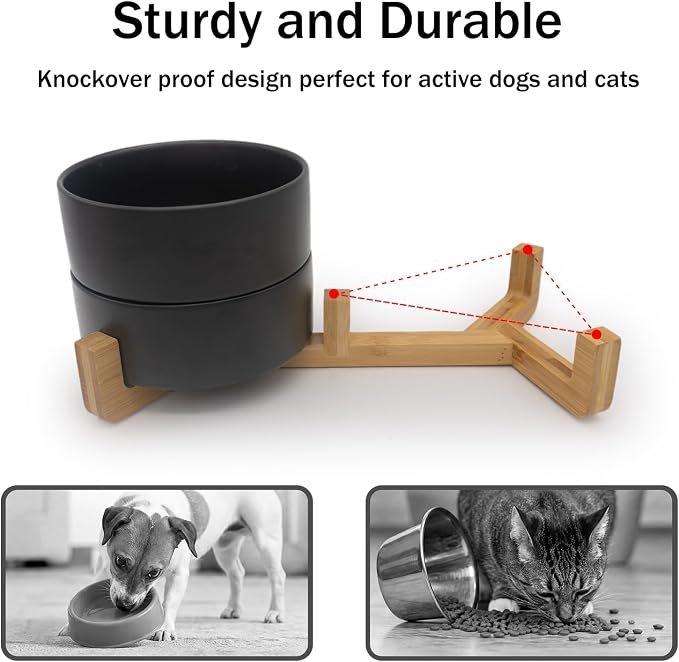 MateeyLife Ceramic Dog and Cat Bowls with Stand, 2-Pack Food and Water Bowl Set - Non-Slip Pet Bowls for Small & Medium Size Dogs，28.7OZ(Black)
