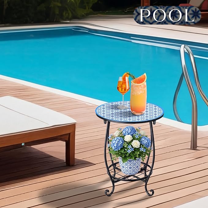 Cinnvoice Outdoor Side Table Round Small Mosaic Patio Accent Indoor End Plant
