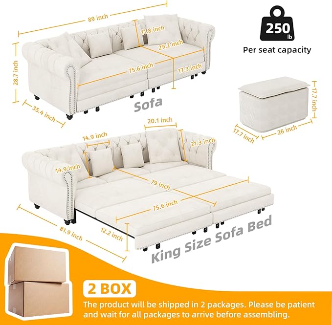 89" Velvet Pull Out Couch Bed
