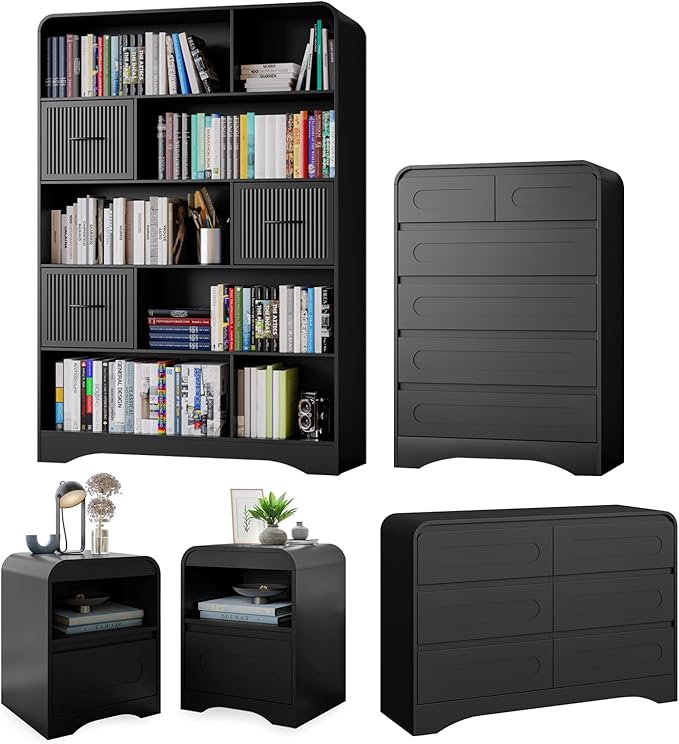 5 Piece Bedroom Sets, Modern Dresser and Nightstand Sets & Bookshelf