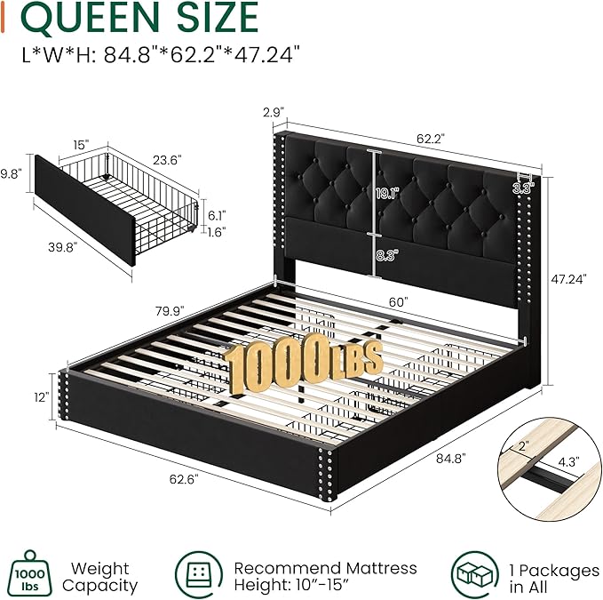 LARMACE Queen Size Platform Bed Frame