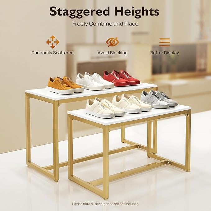 2pcs Gold Retail Display Nesting Tables, Shoes Handbag Metal Display Riser Shelf