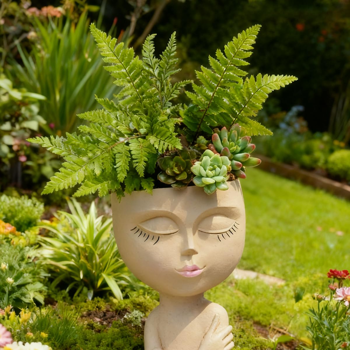 LuckyVin Face/Head Planters, Women Face Small Plant/Flower Pots with Drainage for Indoor Outdoor Succulents (Khaki)