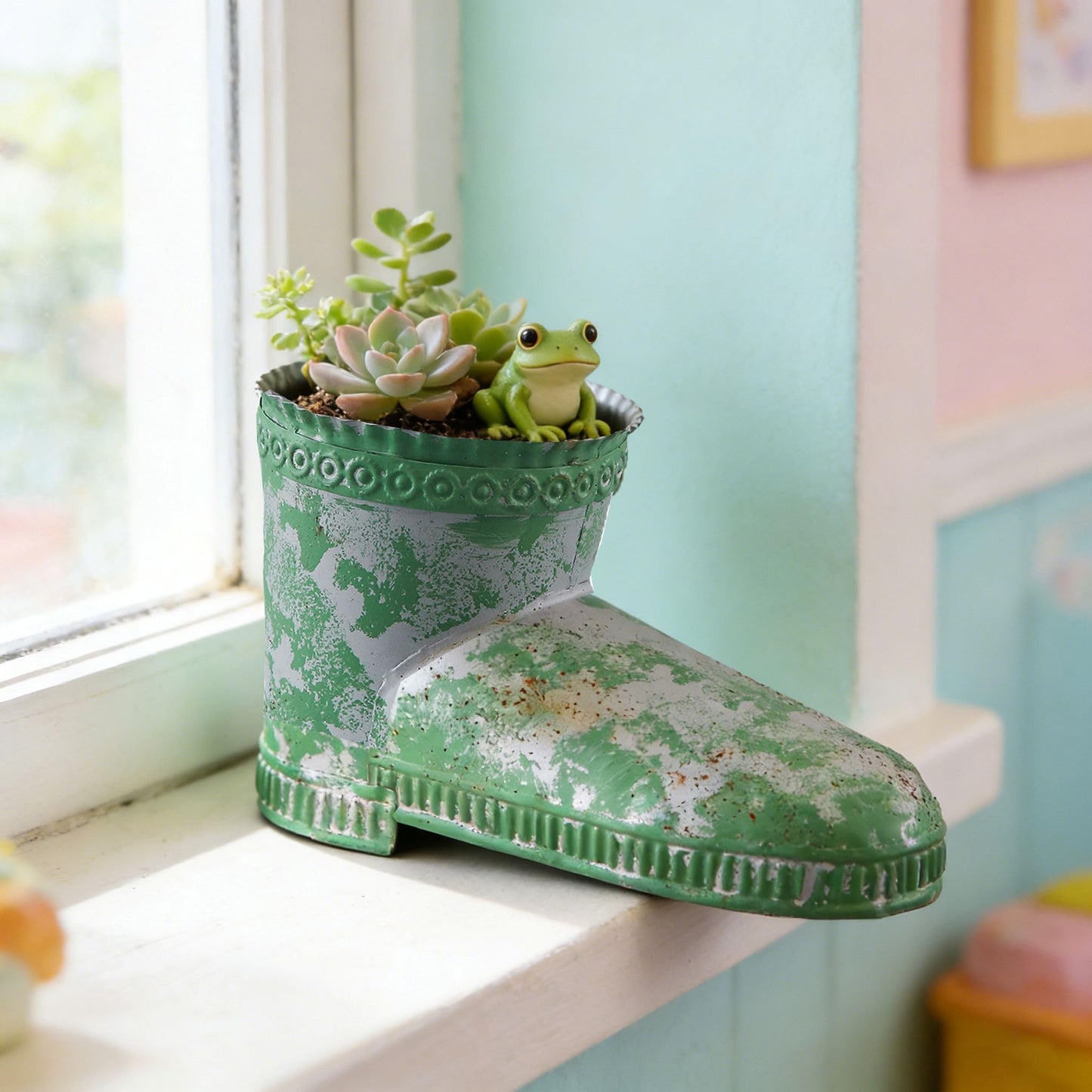 SOFE Rustic Boot Planter, Metal Decorative Flower Pots for Succulents, Herbs, Indoor/Outdoor Boot Vase, Unique Country Home Decor, Green Distressed Finish