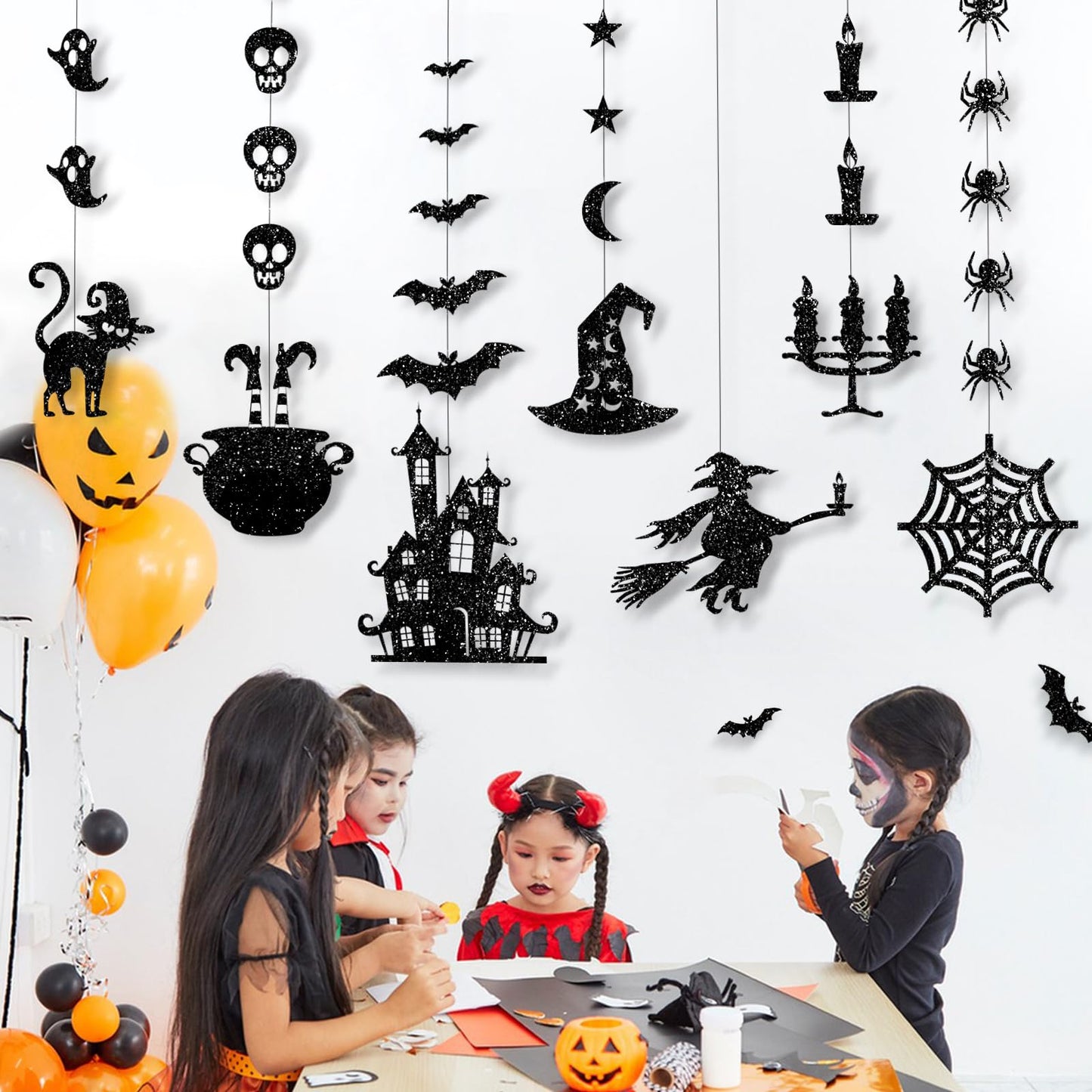 Glitter Black Halloween Hanging Banner Garland Decorations - Ghosts, Witches, Bats, Spiders, Haunted House, Cat and More - Indoor/Outdoor Party Supplies for Gothic Birthday, Home, Office, Classroom