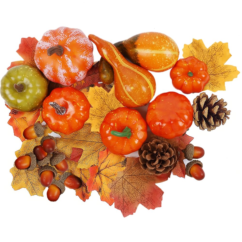 winemana Fall Decorations for Home-6pcs Mini Pumpkins & 2pcs Gourds, 30pcs Leaves & 10pcs Acorns, 2pcs Pinecones Centerpiece Set-Harvest Decor for Table Mantel (Largest: 4.5" x 2.1")